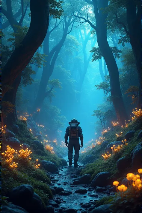 A dense, glowing alien forest filled with bioluminescent plants and creatures. Strange sounds echo through the air as an explorer in a high-tech spacesuit navigates the terrain, examining the otherworldly flora and fauna.