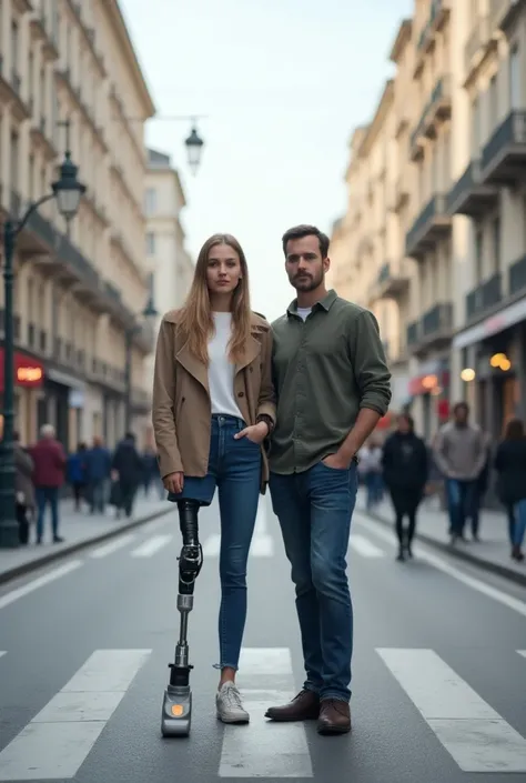 Banner with 1 otoobock leg prosthesis on the street and normal person