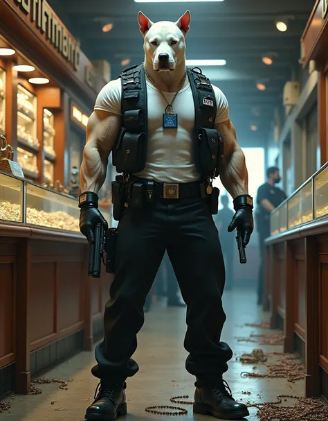  Man with a white pitbull dog head,erect ears,muscular body,stern face, wearing a white t-shirt ,wearing a police vest, wearing black trousers ,black shoes, wearing cop id card hanger,standing facing the front ,Both hands hold the gun in a raised forward d...