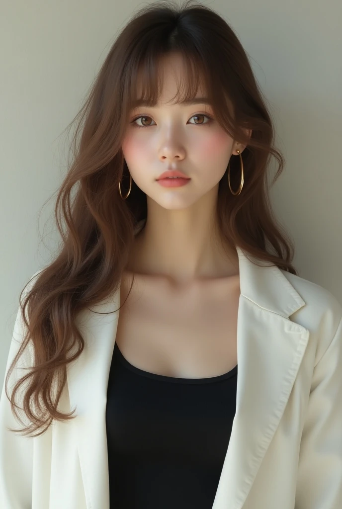 A girl with a light brown cat eyes, small shaped face, plumpy pink lip, light skintone, light brown hair, long layered haircut with bangs, black tank top with white blazer