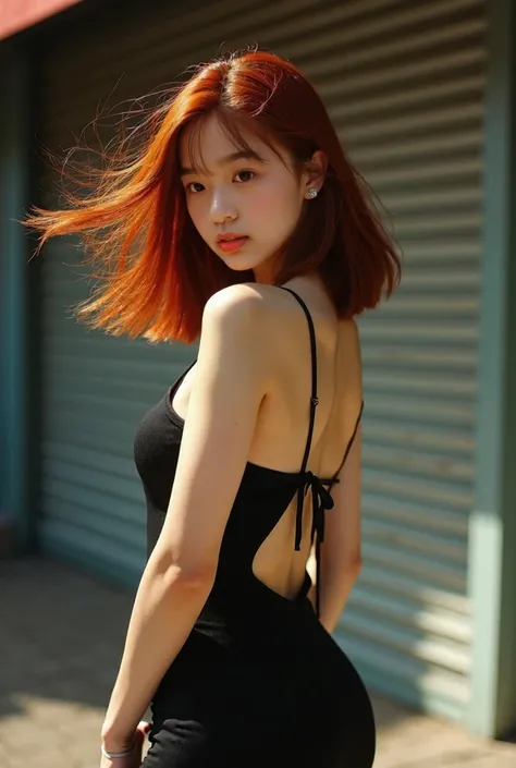 (aesthetic analog color film photo)(close-up shot from A sexy body pretty asian women with warm expression in front of a closed shop)(minimal sensual shirt dress)(huge breast)(Windy atmosphere)(redhead bob hair flies up in motion)(intricate pose)(late afte...