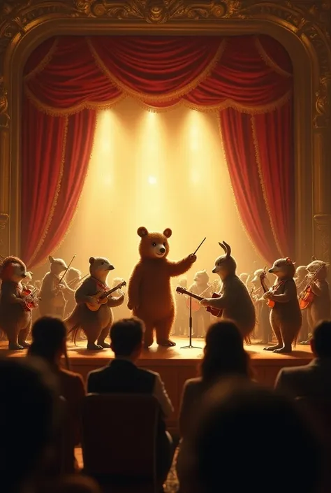 Orchestra of animals playing instruments on a background stage there are people sitting in their seats applauding warm light image taken with a high resolution reflex camera 