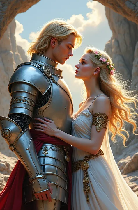 digital fantasy art,  a heroic blonde young knight in sparkling silver armor with intricate ornaments, a beautiful blonde young 
woman with long flowing blonde hair decorated with an elegant floral crown, dressed in elegant minimalistic armor with gold ins...