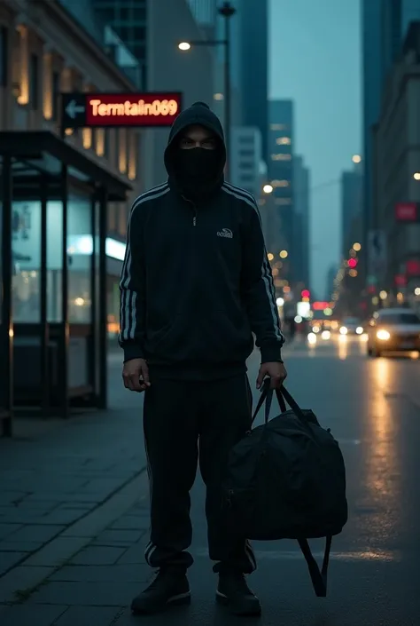  Create a picture for me of a dangerous dealer ,  waiting at a bus stop .  Behind him you can see the skyline of Frankfurt .  He has a ski mask on ,  a large sports bag and a big joint in hand.  The bus stop is called termin069  .  You should see it at the...