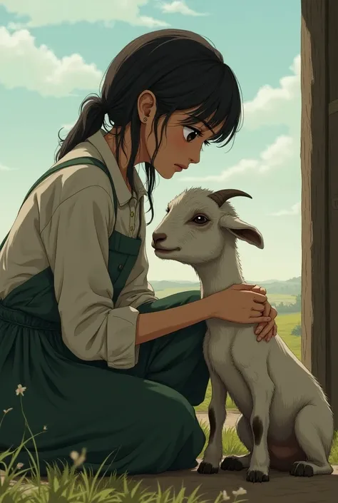 Weak goat anime with sad female farmer 