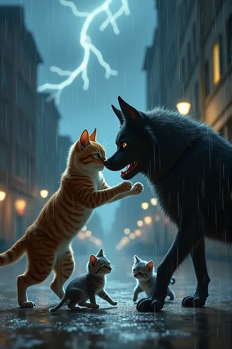 A cat fighting with a street dog at night in rain thunder  to save her two babies 