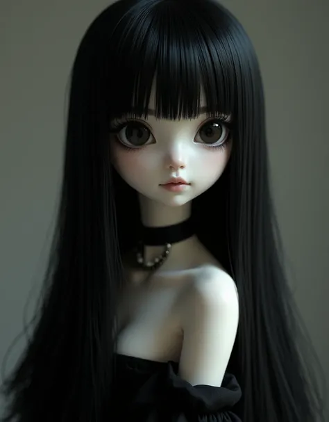 A girl around  with pale skin and long hair, Straight black hair. Large, dark eyes , With an intense and mysterious look. Dressed in style from the Orphan movie,  A more elegant and sophisticated touch  ,  something that matches her mysterious strong perso...