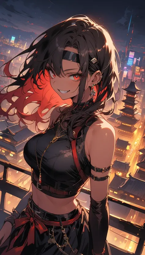 Beauty、smile、headband、Reckless attitude、Evil look、Warrior、warrior、samurai、knife、Neon city at night、Japanese Castle、Cyberpunk、rooftop、stand、Overlooking the city