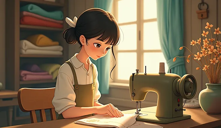 The world of Studio Ghibli，small dress workshop，torso，sewing machine， dried flowers