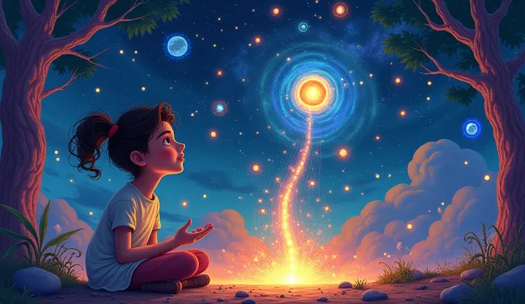 Stories Ali listened to with colors and symbols shining on different stars, Draw in animation style but realistic.