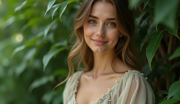 a Russian woman in a dress smiles and looks directly into the camera, green plants around her, high realism