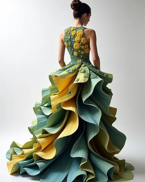 A woman wearing an elaborate, artistic dress inspired by natural elements, resembling petals or flames. The dress features a dynamic, flowing design with pattern of florals , layers of fabric in shades of green ,yellow, and blue, creating a dramatic and vi...