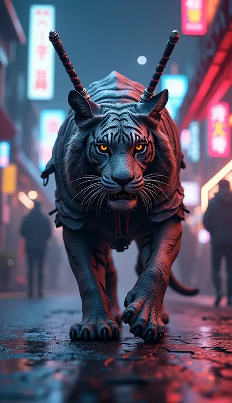  A hybrid of a Siberian tiger with the character Dark Knight from Dungeon and Fighter, walking the streets of Seoul . Ele veste a armadura de Dark Knight de Dungeon and Fighter, reluzente,  with double swords attached to the back .  The stage is illuminate...