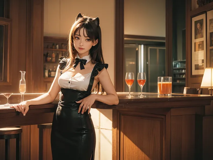 (masterpiece), (best quality), (very aesthetic), (ultra-detailed), (best illustration), (photorealistic), realistic, bar, panther lady bartender, standing, BREAK lady customer sitting chair, BREAK 1glass hot milk,