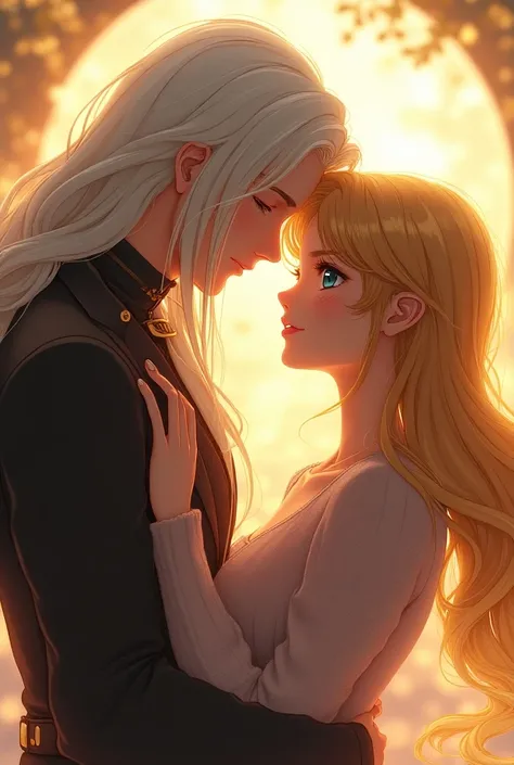 beautiful man with long white hair hugs girl, Sailor Moon,realistic skin,High-quality anime image in 128k Bluray Extreme UHD 4K format. My attention is drawn to the incredibly beautiful Sailor Moon knitted pullover, wavy blond hair that falls like a waterf...