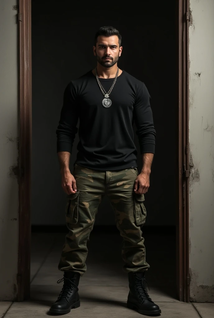    very muscular young Turkish alpha male, Who poses in a door  , black army sweater,  Army pants in woodland camouflage ,   black combat boots  , Cooler Blick,   large curb  , ostentatious necklace  