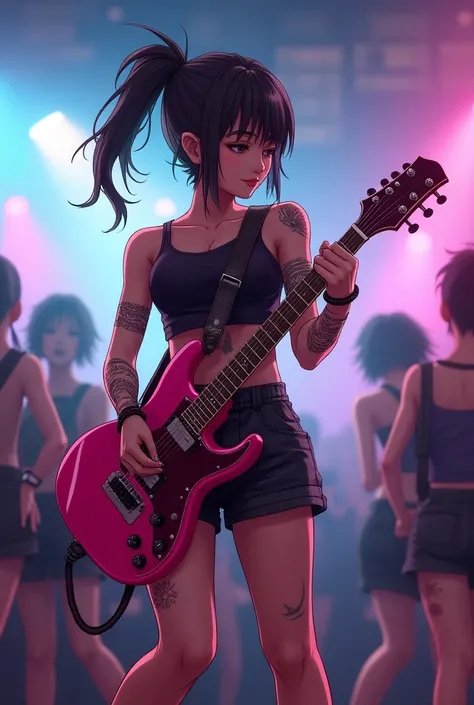 d)Japanese girl bands　guitarist　 shorts 　Tank tops　 upper arm tattoo 　Girl　 ponytail　 studded accessory　pink guitar 