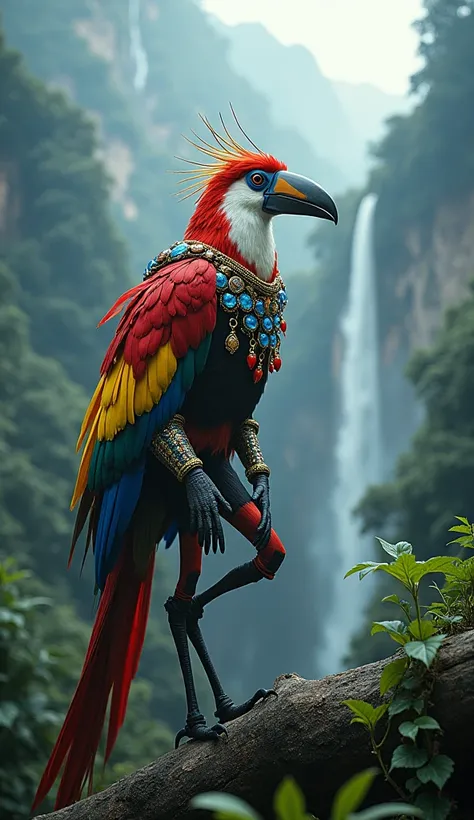  Imagine A hybrid of a toucan with the Elementalist character from Dungeon and Fighter, hiking through a Colombian rainforest .  The toucan is dressed in the Elementalist costume from Dungeon and Fighter , that sparkle with bright colors ,  while the scene...