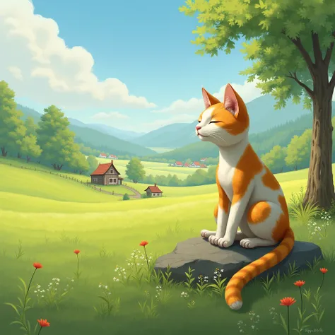 "A serene countryside scene with wide green fields, gentle breezes, and tall trees swaying softly in the wind. In the foreground, a human-like cat with soft fur, orange and white patches (like a calico cat), sits on a rock in the open field, her eyes close...