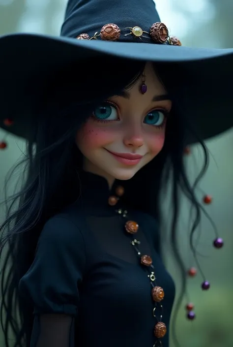 I smile, rear view, witch hat, Blue eyes, Black hair, 