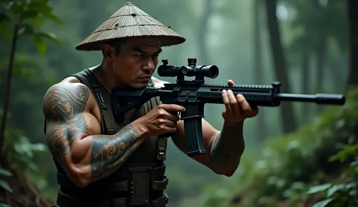 A muscular Chinese male special agent with short hair, wearing a tattered conical hat, holding a sniper rifle and aiming forward in a forest background, hyper-detailed, intricate tattoos, photorealistic, 8k, sharp focus, cinematic lighting, moody dramatic ...