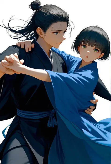 1boy and 1girl, original, original, 20-year-old man with a ponytail in a black kimono, shielding his  sister with a bob cut, wearing a blue kimono, protective stance, intense and focused expression, dynamic scene, blocking an attack, traditional Japanese s...