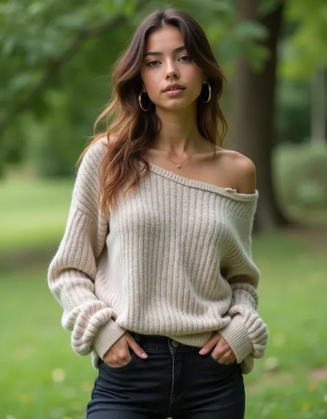 (masterpiece:1.2,  best quality), 1 Female, Alone,  upper body, Big Breasts, Dark Wash Skinny Jeans,  Oversized Sweaters , Ankle boots, Loose waves,  Center Part, Simple hoop earrings, Green Park、Realistic RAW photo, Raw photo real person, Real people port...