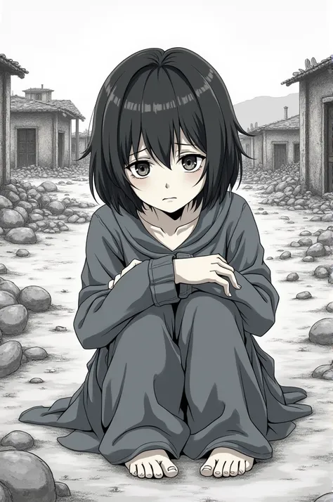 rens looking sad and frightened

- Shot: Medium shot of ren huddled together
- Time duration: 5 seconds
- Camera angle: Eye-level shot
- Sound: Soft, mournful music
- Background: Ruined village landscape in line art deawin illustration 