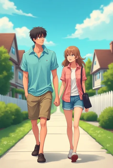 Anime Preppy boyfriend wearing a Massive Popped Collar Polo thats taller than his head while walking with with his Preppy Popped Collar girlfriend