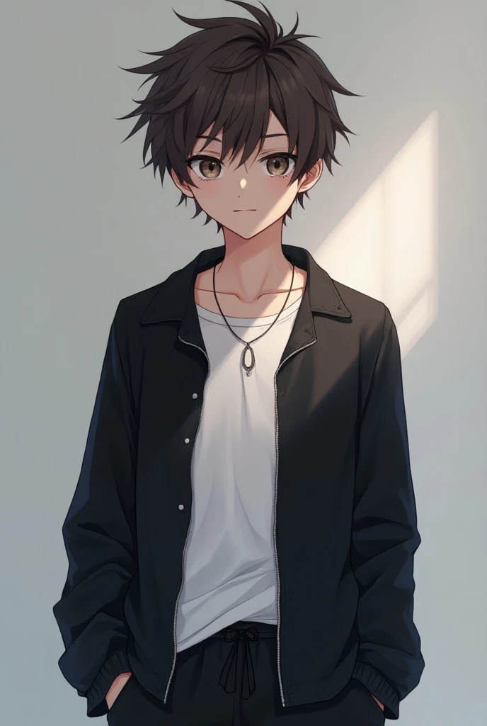 Teenage boy with black hole in eyes anime style, wearing a black open zipper blouse, black pajama pants, a white shirt, Straight brown hair with spiky bangs