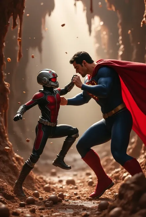 Antman vs superman fighting in chocolate house