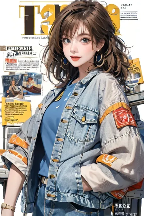 masterpiece, best quality, denim  jackets outfit, light brown hair, outdoor, " TOMICA" writing detail in magazine cover ,upper body, 8k