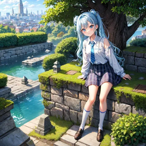 Light blue hair、Rainbow Eyes、Wavy Hair、Hair tied up、Two cute、 Plaid Mini Skirts 、Black T-shirt、Long sleeve、and、striped high socks、tie、Teeth are visible、Ice Castle、Tilting face、lawn、In front of the city gate、The stone is cracked、Uneven ground、Stone Wall、The...