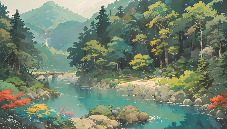 Cozy , studio ghibli inspired , landscape , forest , river , minimal style