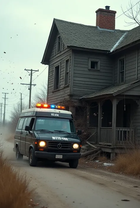 Police van crashing into an old wooden house 