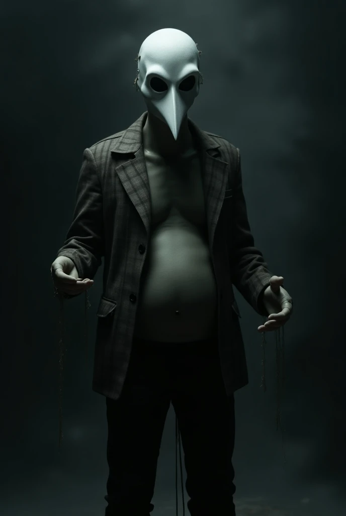 Male, ((((white Bell bird mask)))), checkered jacket, jacket colour: dark gray and dark brown, noir atmosphere, standing, dark scene, creepy atmosphere, Noticeable small belly, aims from fingers, relaxed pose, chilling pose, sloppy dressed, Small growth