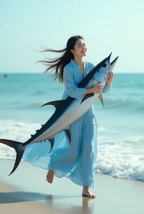  Beautiful Korean woman wearing blue dress wrapped around model long running at the edge of the beach ,hugging a tuna facing forward a gentle smile.