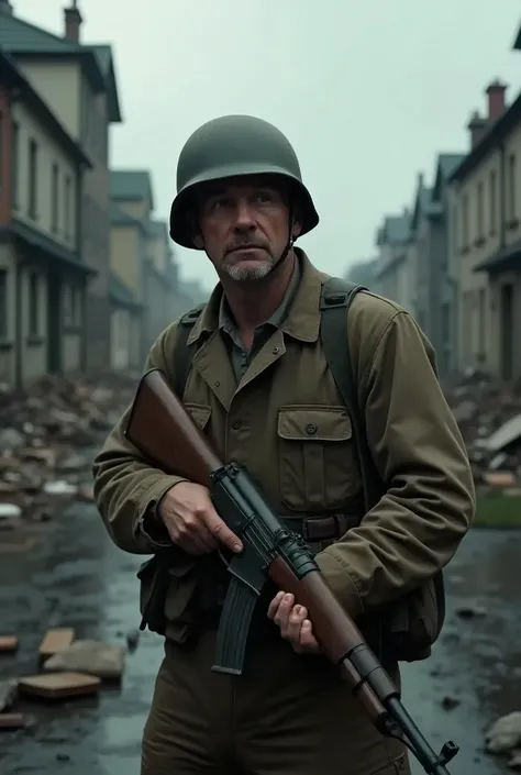 American soldier with a rifle in his hands from the Second World War with a tired face with mud stains on his clothes in a rainy environment in an urban environment with houses devastated by bomb explosions, cinematographic light, high resolution image 