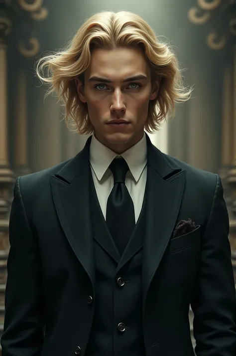 A man with blond hair and light eyes, dressed in a suit and tie, with a mysterious air