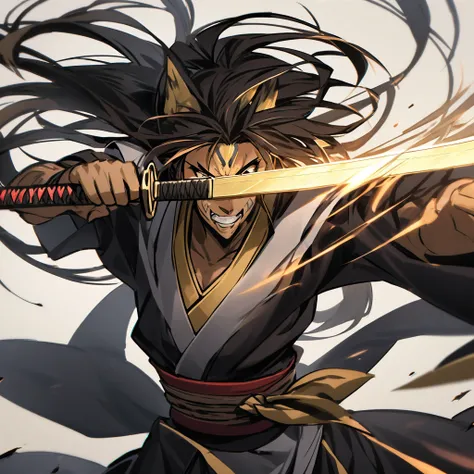 Create a samurai ronin Anubis egyptian god in a fighting stance holding a long samurai sword in kimono dress and hair should tied up High Resolution, Simple background, skin tone should dark and eyes should shining and the face should be dog