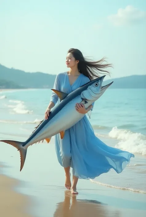  Beautiful Korean woman wearing blue dress wrapped around model long running at the edge of the beach ,hugging a tuna facing forward a gentle smile.