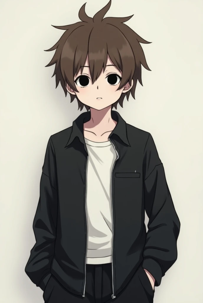 Teenage boy without eyes, with a hole in the eyes (the eyes are cartoon style) anime style, wearing a black open zipper blouse, black pajama pants, a white shirt, Straight brown hair with spiky bangs