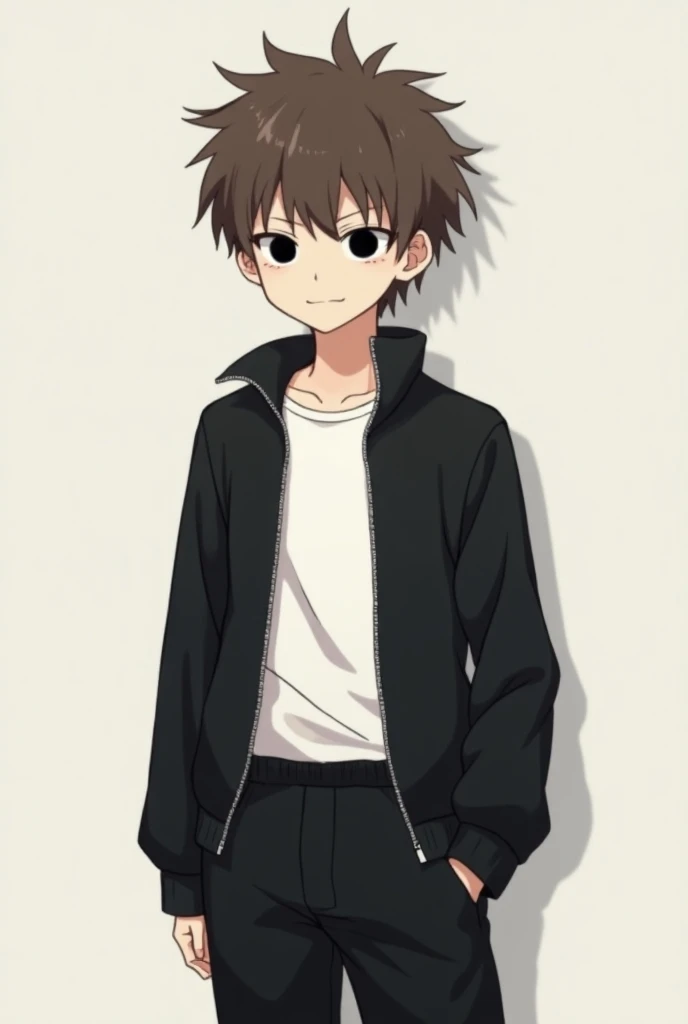 Teenage boy without eyes, with a hole in the eyes (the eyes are cartoon style) anime style, wearing a black open zipper blouse, black pajama pants, a white shirt, Straight brown hair with spiky bangs