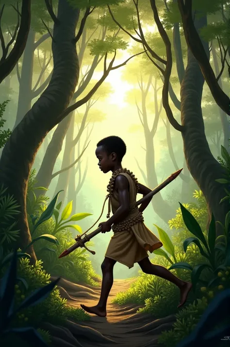 An African boy hunting in the jungle