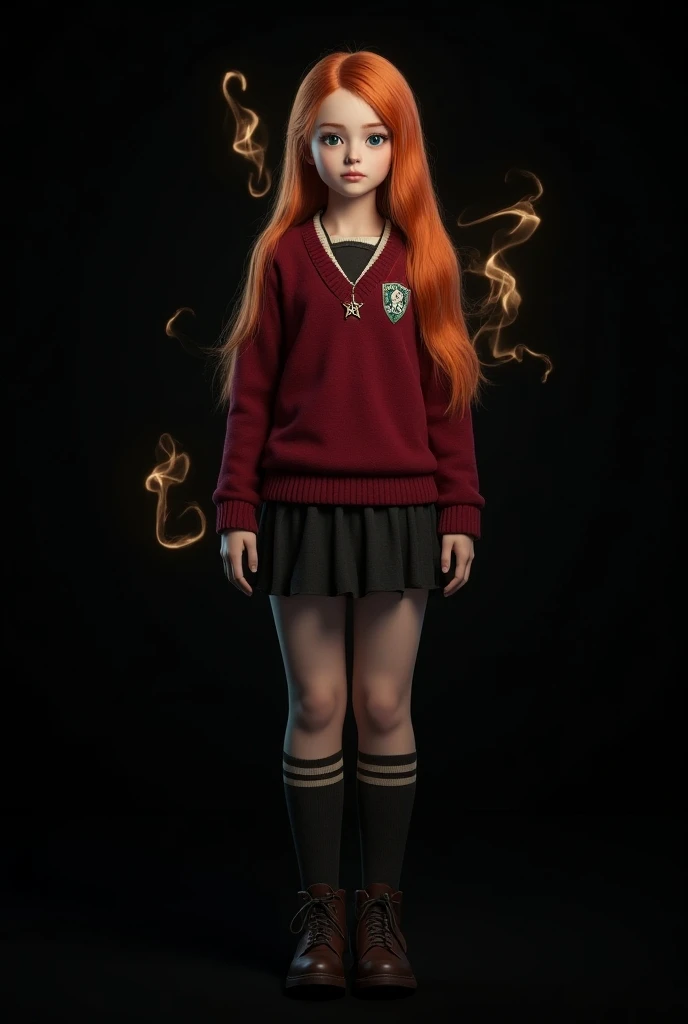  hyperrealistic solo image , Beautiful girl standing, full body, Wicca witch, Elemental Magic.   teenager, personagem da saga Harry Potter, Smooth fire-colored hair with two white highlights highlighted at the front.  blue-green eyes ,  eyes with black pup...