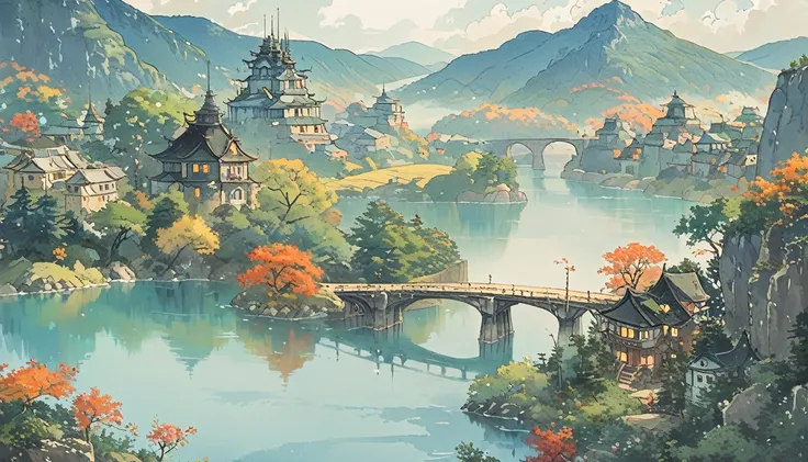 Cozy , studio ghibli inspired , landscape , river , minimal style