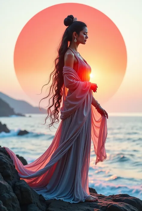 high quality, 8k ultra hd, a beautiful double exposure that combines an goddess silhouette with sunset coast, sunset coast shoul...