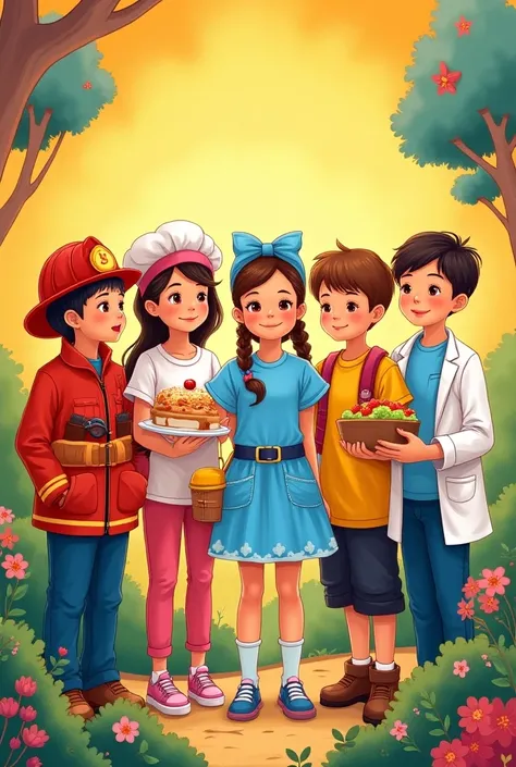 couverture d’un livre pour enfants sur le thème des métiers. rich in colors , les personnages sont des enfants fille et garçons,  one dresses as a fireman ,  one dresses up as a pastry chef,  one dresses up as a doctor ,  one dresses up as a gardener , no ...