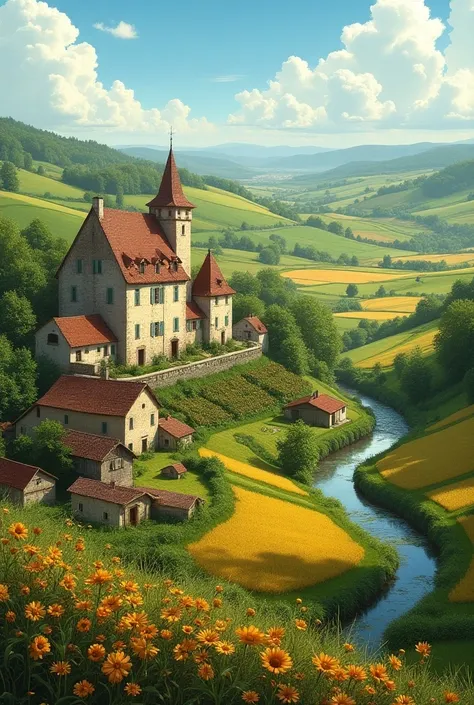 Fais moi un paysage réaliste rural français. Culture, ferme, nature, chateaux, plusieurs maisons, petites granges, champs, fleurs, etc
Sud de la France. Quelque chose qui represente l’agriculture française . Vue de tres loin avec Plein de details