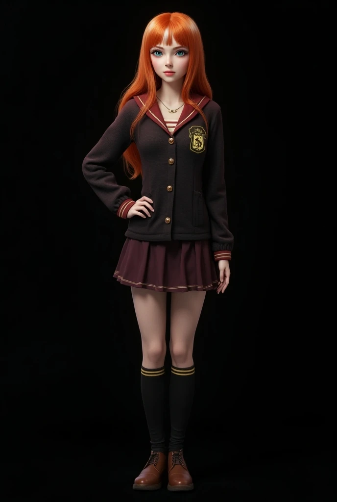  hyperrealistic solo image , Beautiful girl standing, full body, Wicca witch, Elemental Magic.   teenager, personagem da saga Harry Potter, Smooth fire-colored hair with two white highlights highlighted at the front.  blue-green eyes ,  eyes with black pup...